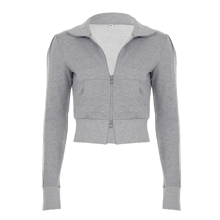 Damen nan taillierte Cropped-Kapuzenjacke mit durchgehendem Reißverschluss, elastischem Abschlussbund und dekorativem College-Print Drune