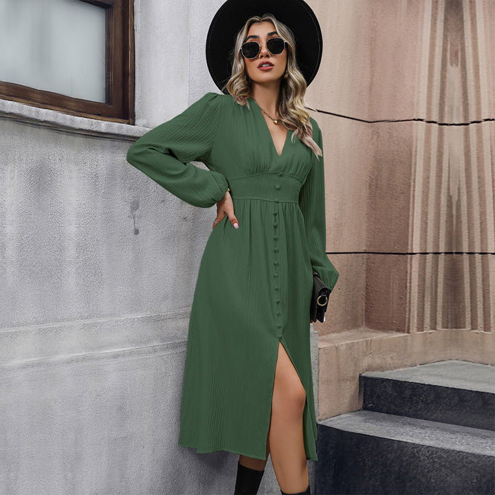 Damen Midi-Kleid mit Knopfdetails und V-Ausschnitt Drune