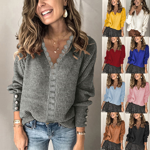 Damen Oversize Feinstrickpullover mit Spitzen‑V‑Ausschnitt und Zierknopfärmeln Drune