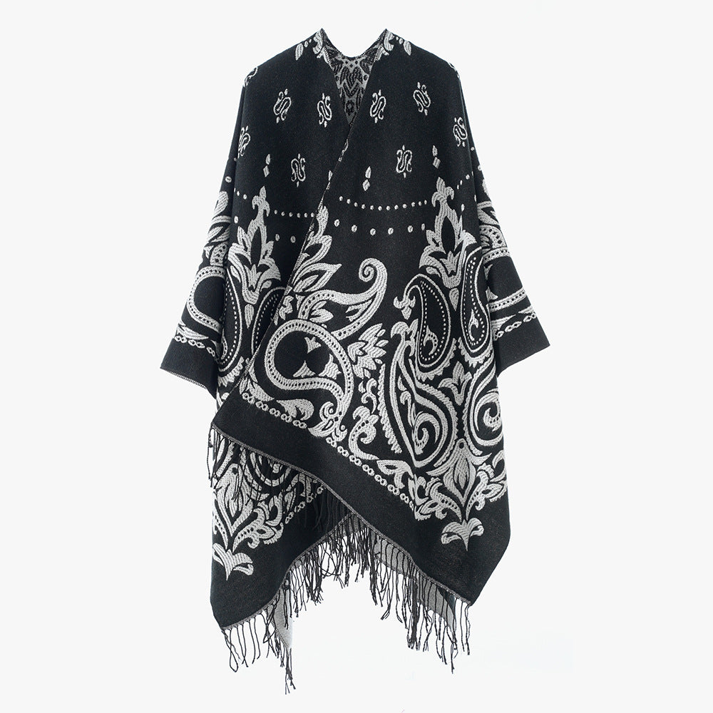 Damen Opulenter Jacquard‑Poncho im Kaftan‑Stil mit Fransen und Paisley‑Relief Drune