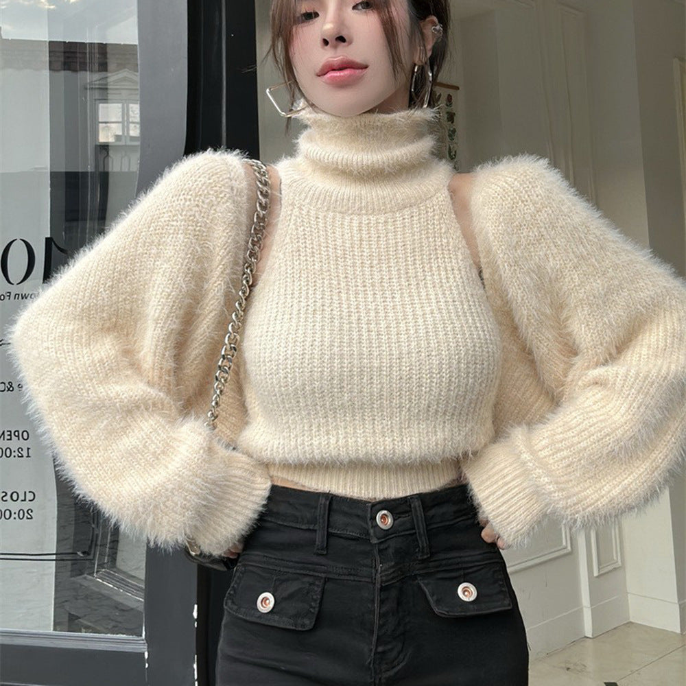 Damen Modischer Rollkragenpullover mit Puffärmeln Drune
