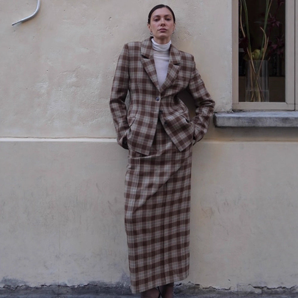 Damen Karo-Blazer und Minirock Set mit taillierter Silhouette und Schößchen Drune