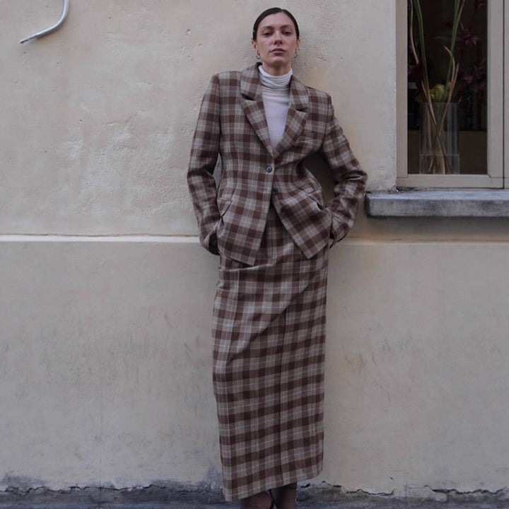 Damen Karo-Blazer und Minirock Set mit taillierter Silhouette und Schößchen Drune