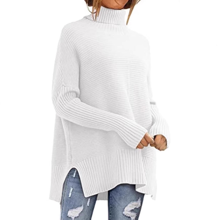 Damen Oversize-Rippenstrick Rollkragenpullover mit Seitenschlitzen und verlängertem Saum Drune