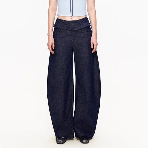 Damen weite Denim-Hose mit hoch geschnittenem Bund und modischen Falten Drune