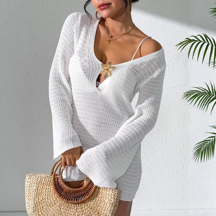 Damen gehäkeltes Strandkleid mit elegantem V-Ausschnitt und langen Ärmeln Drune