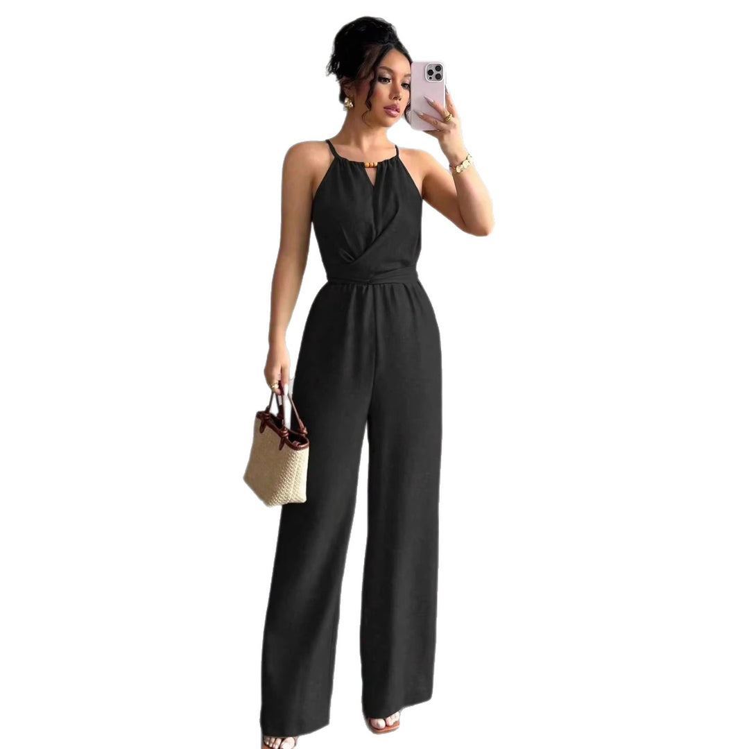 Damen Ärmelloser Neckholder-Jumpsuit mit Wickeloberteil und weitem Bein Drune