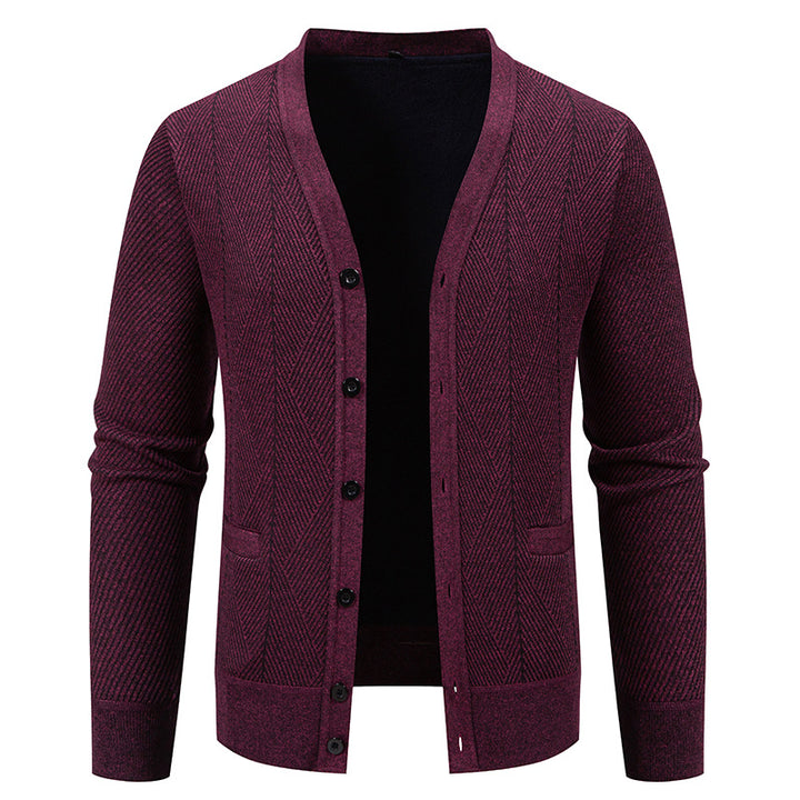 Herren Strukturierter Feinstrick-Cardigan mit Chevron‑Muster, V‑Ausschnitt und Eingrifftaschen Drune