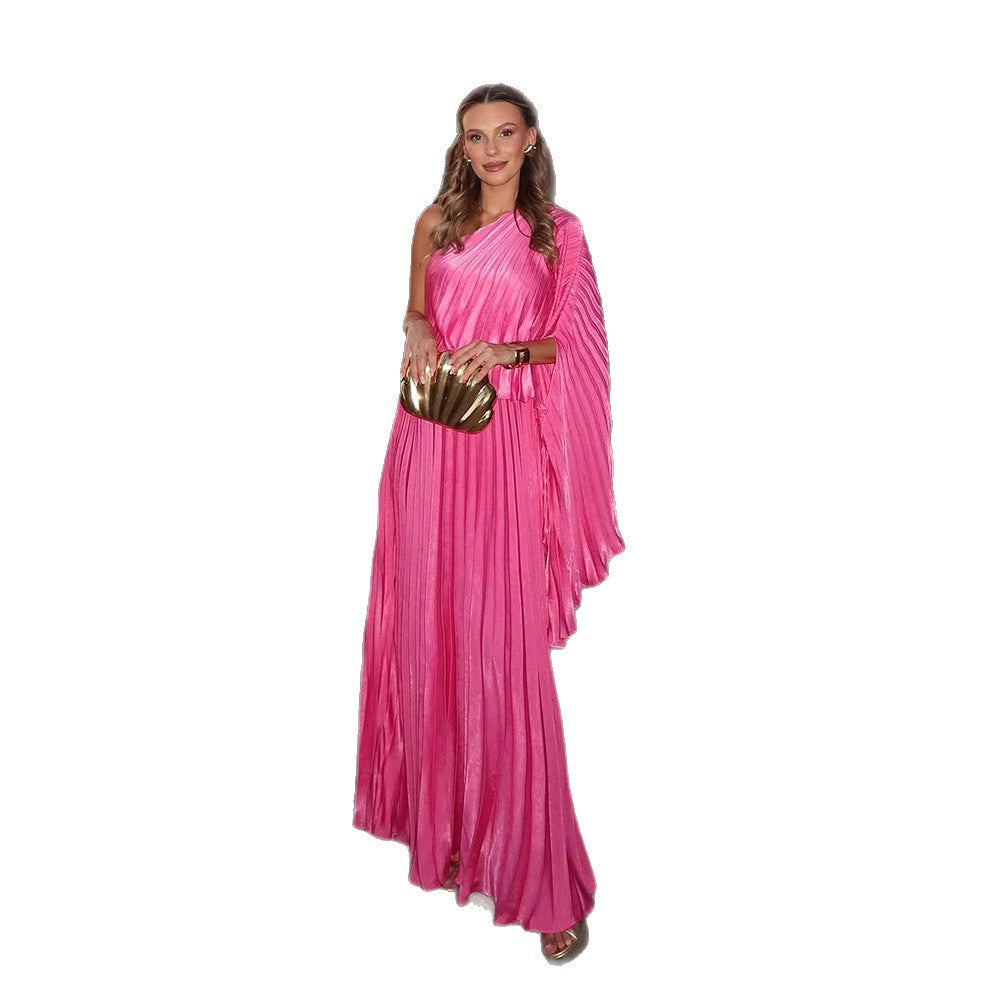 Damen Ein-Schulter Plissee-Maxikleid mit drapiertem Oberteil und weitem Volantrock Drune