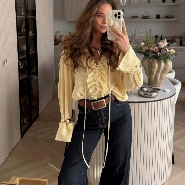 Damen 30+ romantische Bluse mit Plisseevolant, Bindeband und weiter Ärmel Drune