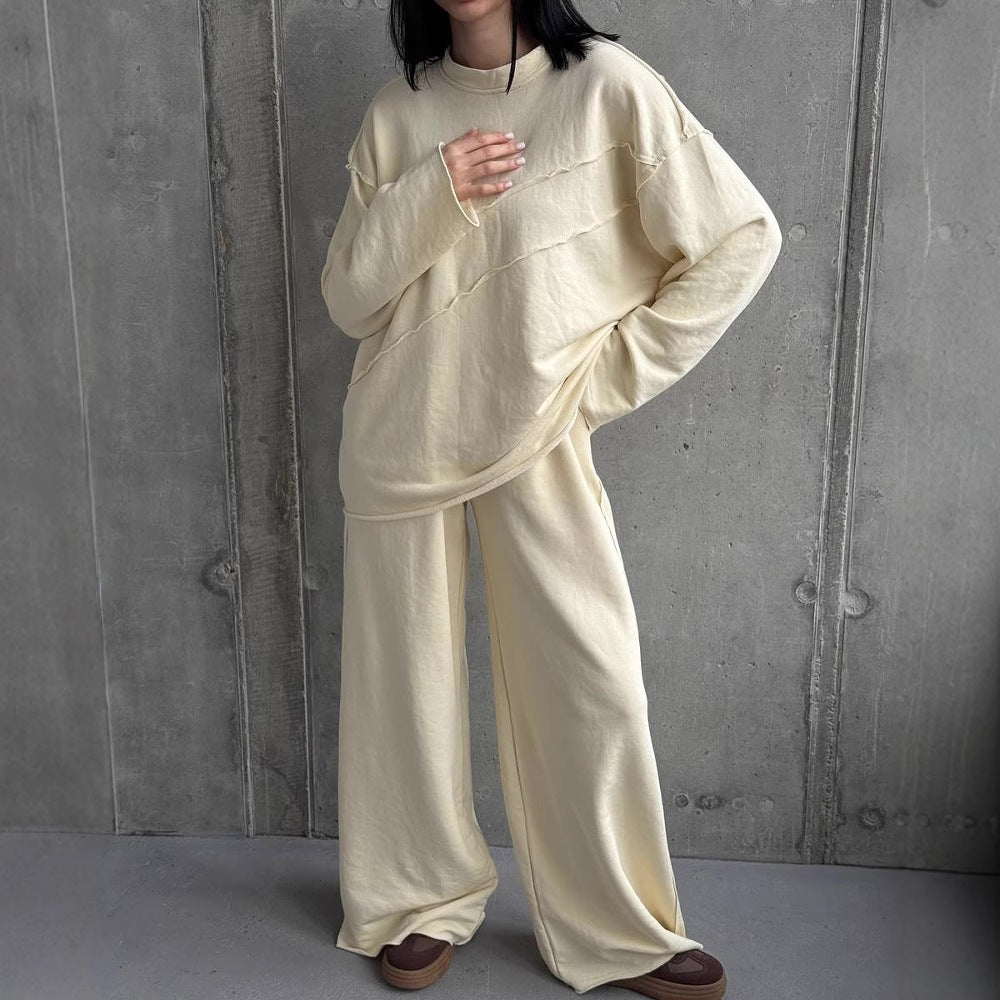 Damen weiches Oversize Lounge-Set mit diagonalem Ziernähten und extra weiter Palazzo-Hose Drune