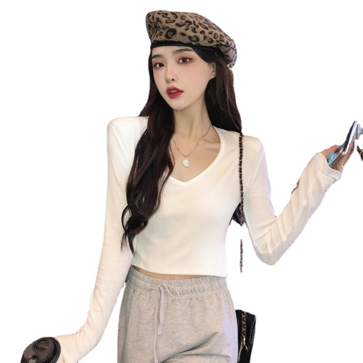 Damen Cropped Langarmshirt mit modischem V-Ausschnitt und bequemen Materialien Drune