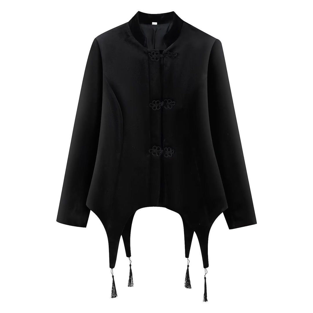 Damen Asymmetrische Kurzjacke mit Stehkragen, Kordelverschlüssen und Quasten-Saum Drune