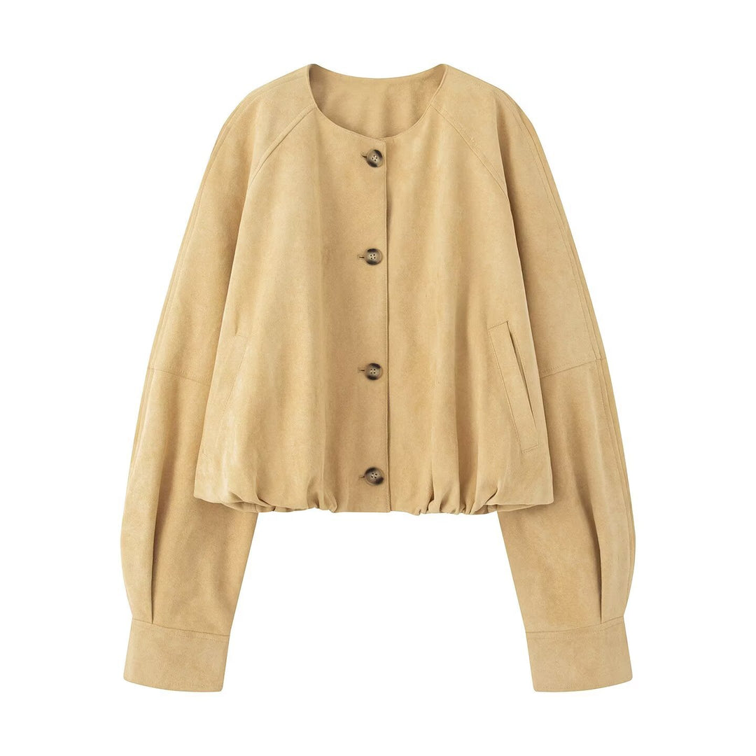 Damen Kurzjacke in Velours‑Optik mit Rundhalsausschnitt, Ballonärmeln und elastischem Saum Drune