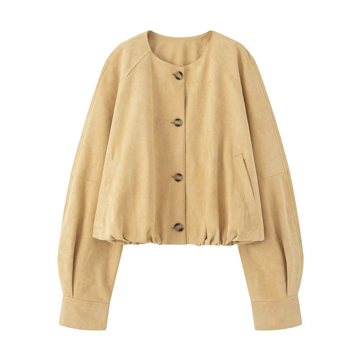 Damen Kurzjacke in Velours‑Optik mit Rundhalsausschnitt, Ballonärmeln und elastischem Saum Drune