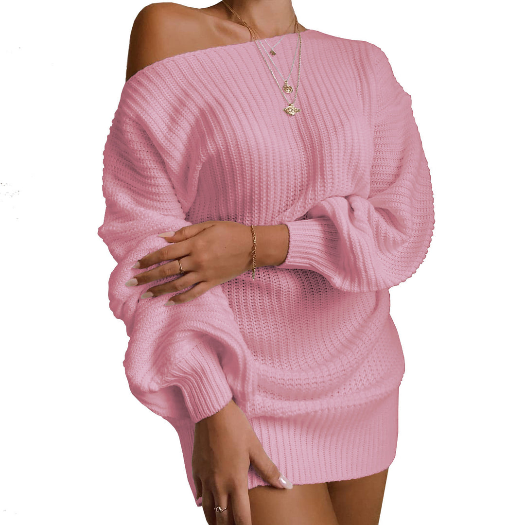 Damen lässiges Strickkleid mit schulterfreiem Design und voluminösen Ärmeln Drune