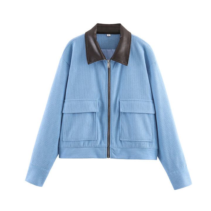 Damen Rippenstruktur-Kurzjacke mit Kunstlederkragen und Pattentaschen Drune