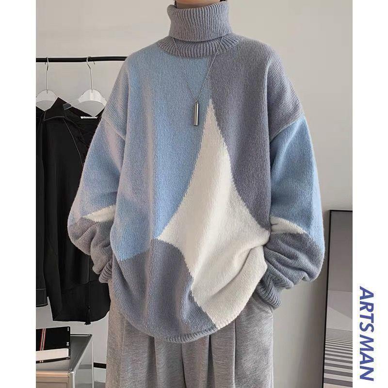 Herren Grobstrickpullover mit hohem Kragen und modernen Farbblocks Drune