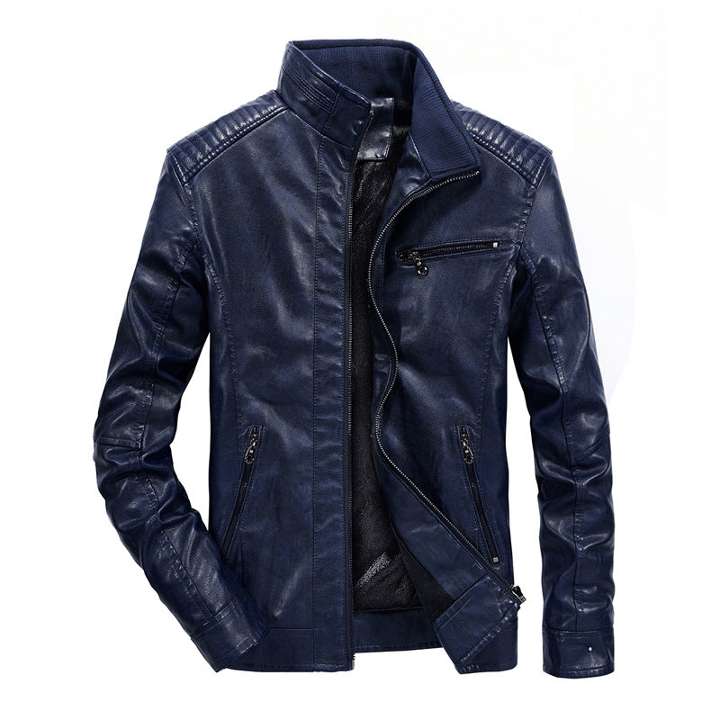 Herren Slim-Fit Motorradblouson aus Lederimitat mit Stehkragen und Reißverschlusstaschen Drune
