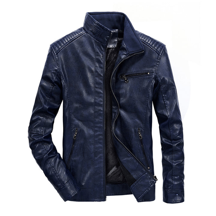 Herren Slim-Fit Motorradblouson aus Lederimitat mit Stehkragen und Reißverschlusstaschen Drune