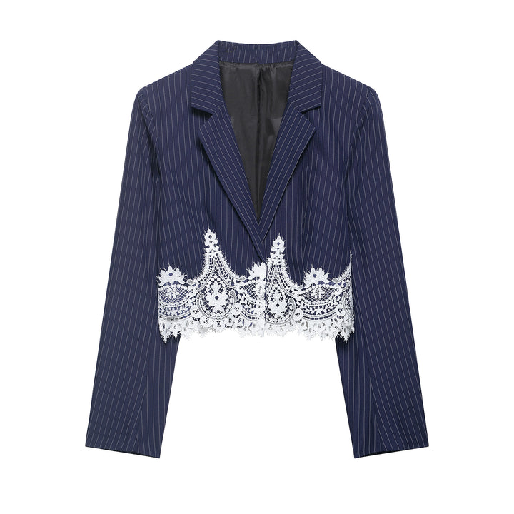 Damen Cropped Nadelstreifen-Blazer mit Spitzenbesatz und taillierter Silhouette Drune