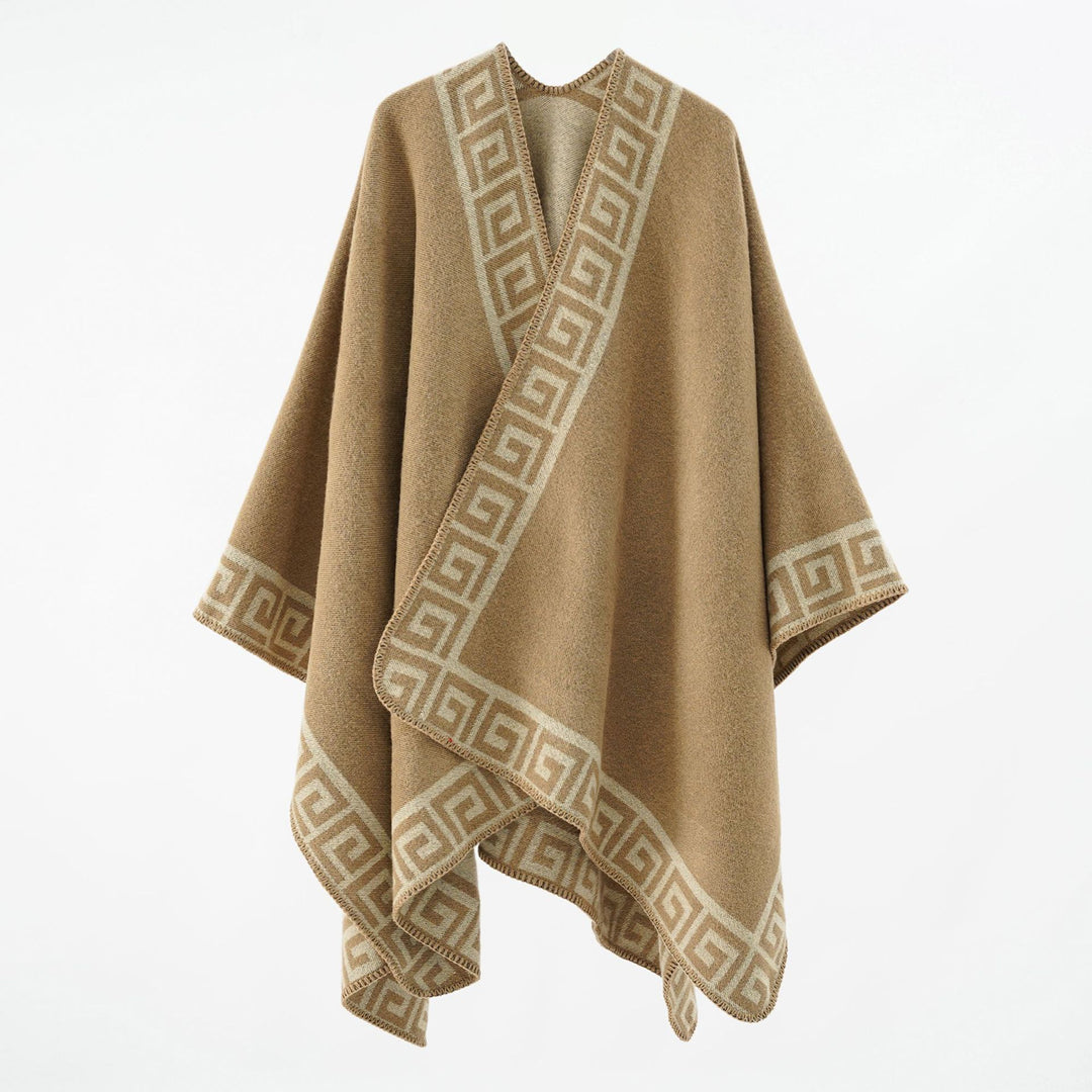 Damen Cape‑Poncho mit Mäander‑Bordüre und Wollmix‑Qualität Drune