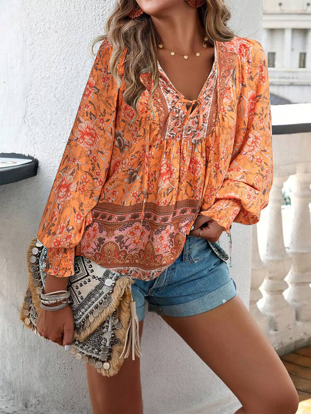 Damen luftige Bluse mit raffiniertem floralem Design und lockerem Schnitt Drune