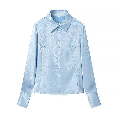 Damen Satinbluse mit taillierten Teilungsnähten, durchgehender Knopfleiste und breiten Manschetten Drune