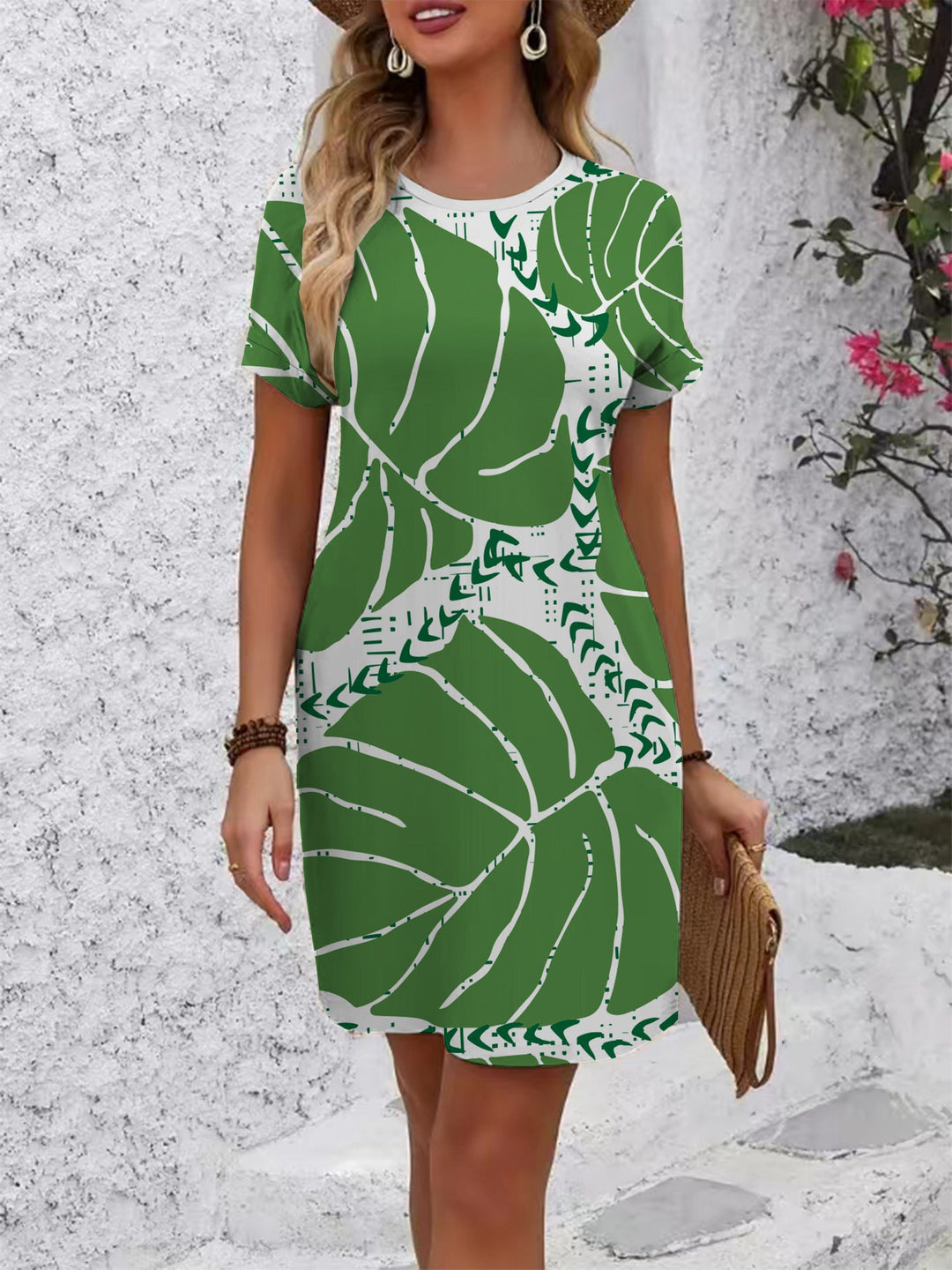 Damen Kurzarm Kleid mit floralem Linienmuster Drune