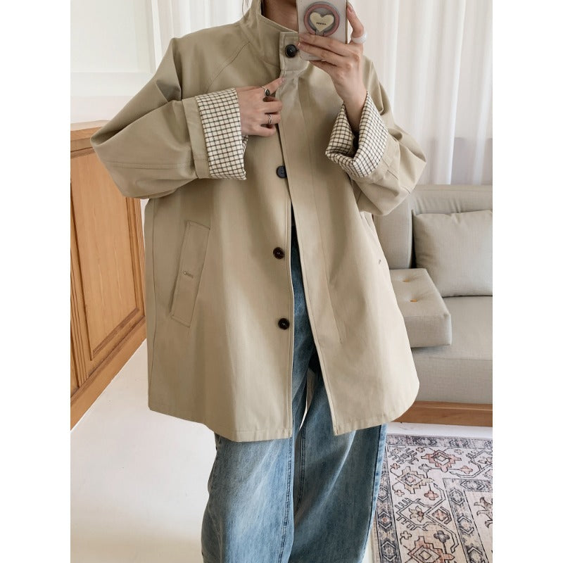 Damen Oversize-Mantel mit Stehkragen und kariertem Ärmelsaum Drune