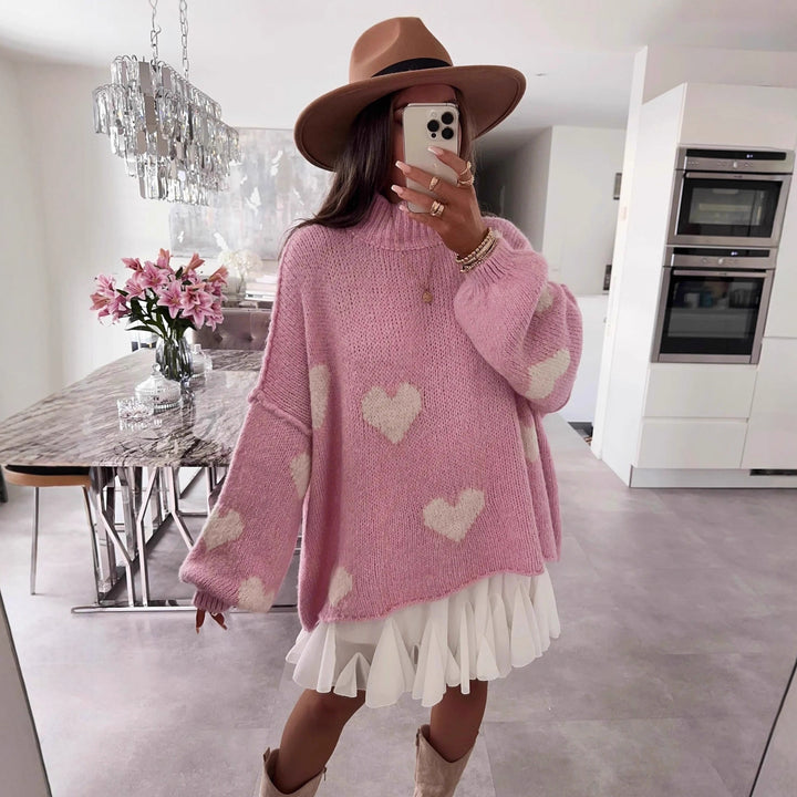 Damen modischer Oversized-Pullover mit herzförmigem Muster und voluminösen Ärmeln Drune