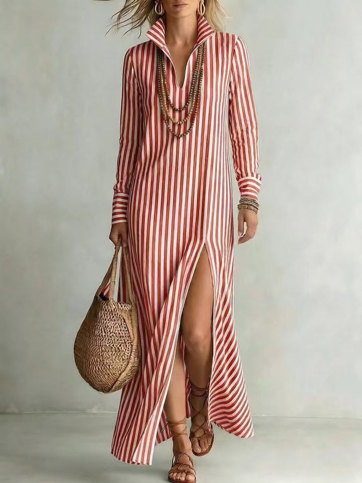 Damen Langes Hemdkleid im Streifen-Look mit Kragen, langen Ärmeln und hohem Beinschlitz Drune