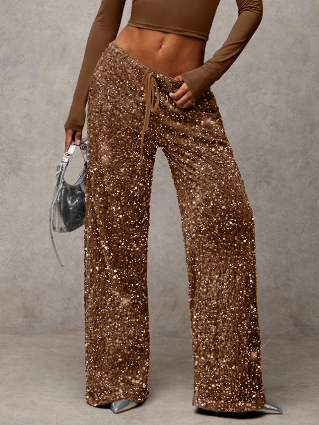 Damen Pailletten-Palazzohose mit hohem Bund und Kordelzug Drune