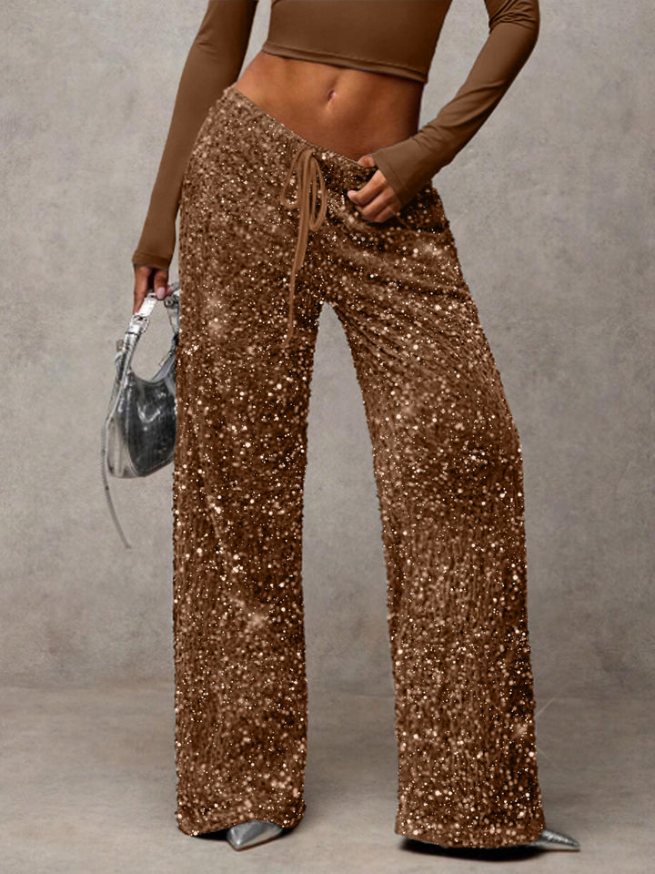 Damen Pailletten-Palazzohose mit hohem Bund und Kordelzug Drune