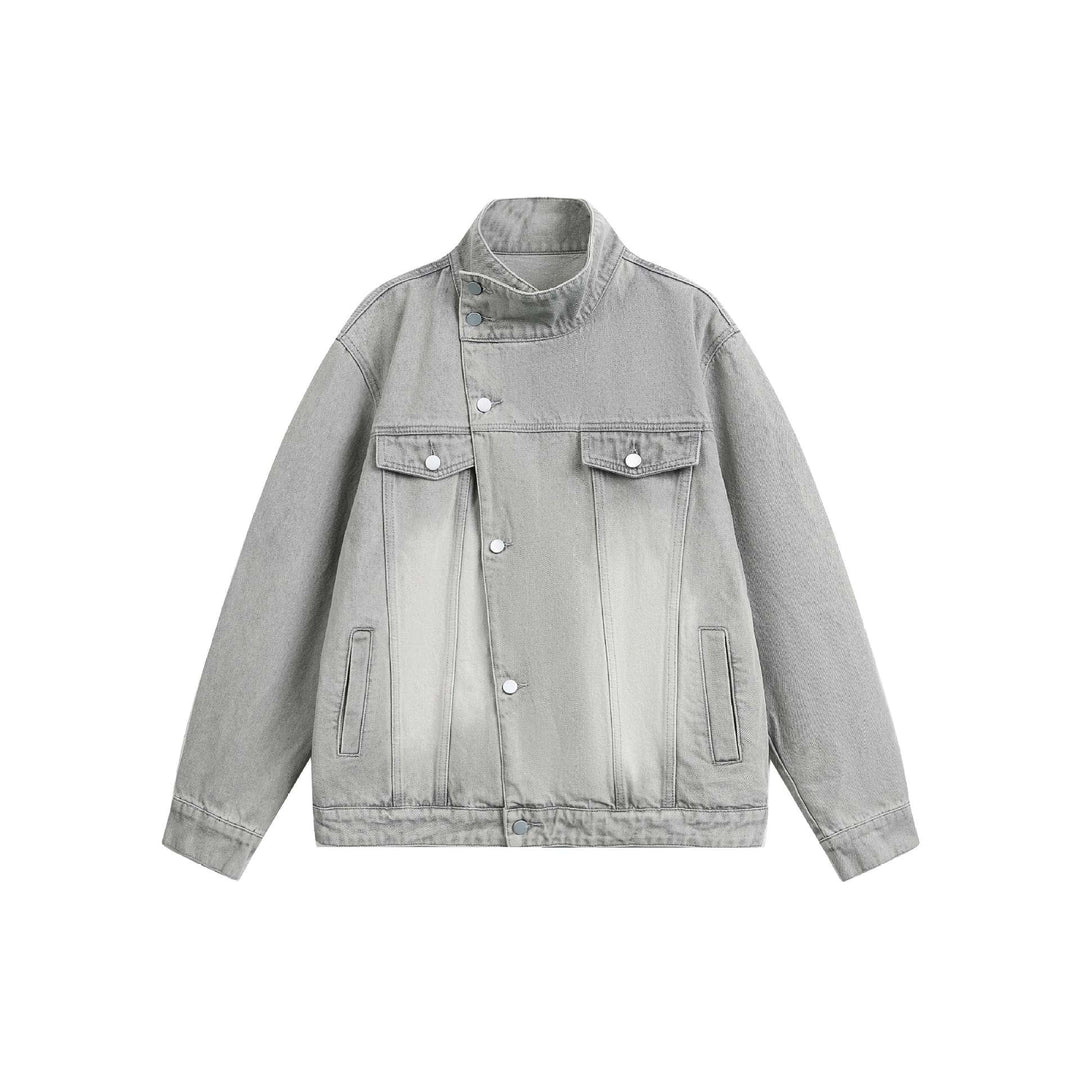 Unisex Boxy-Jeansblouson mit asymmetrischer Druckknopfblende und hohem Stehkragen Drune
