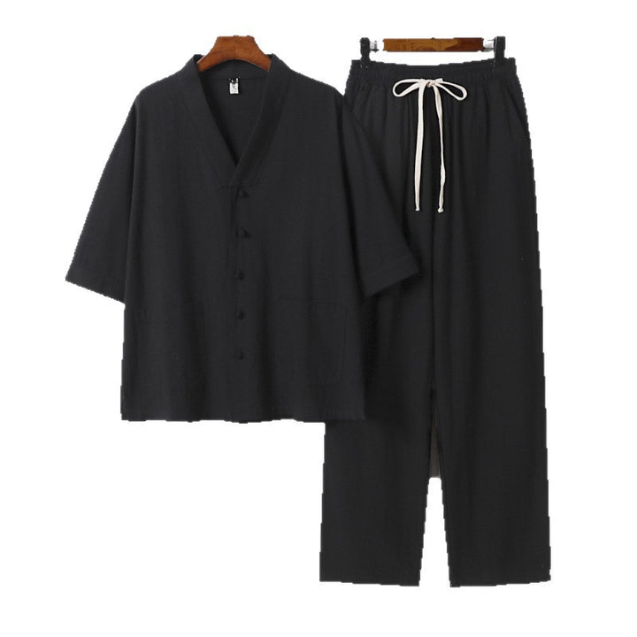 Herren Kimono-Zweiteiler aus Leinenmischung mit V-Ausschnitt, aufgesetzten Taschen und Kordelbundhose Drune