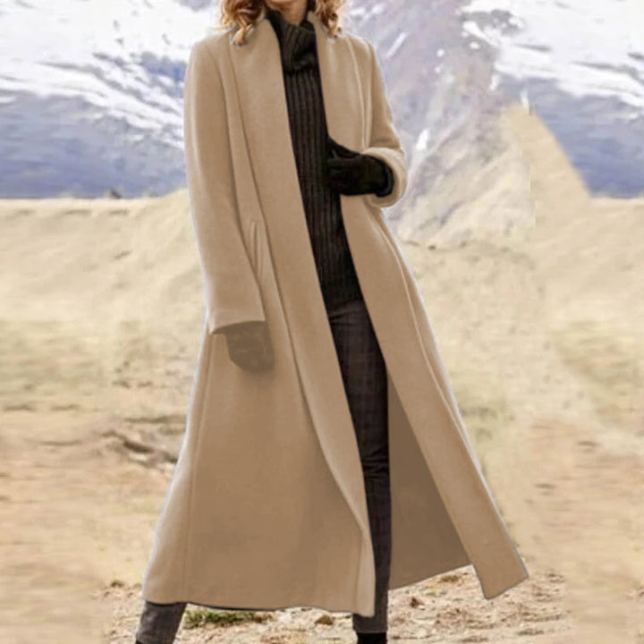 Damen eleganter langer Wollmix-Mantel mit offenem Fall und seitlichen Eingrifftaschen Drune