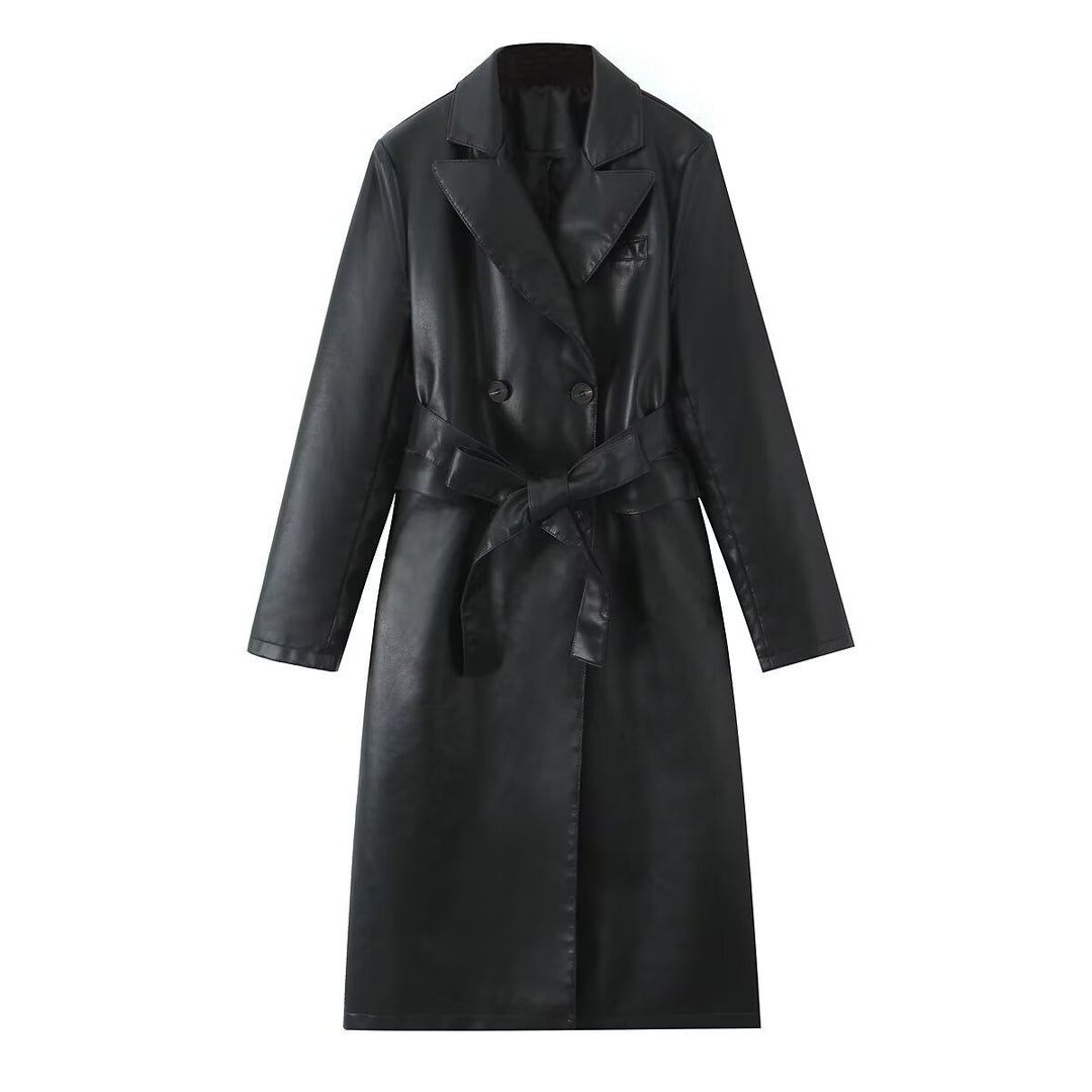 Damen Kunstleder Trenchcoat mit taillierbarem Gürtel und doppelter Knopfleiste Drune