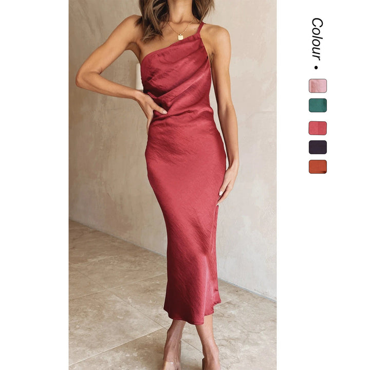 Damen Satin-Midikleid mit asymmetrischem Schnitt und elegantem Flair Drune