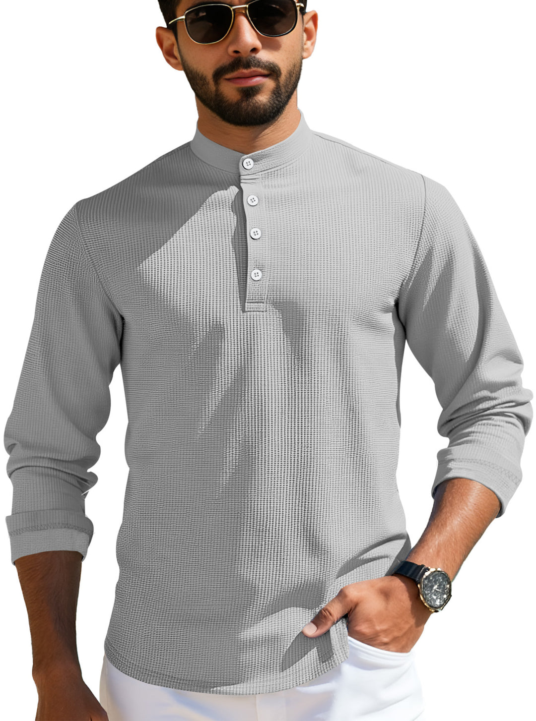Herren nan strukturiertes Langarm-Henley mit Nehru-Kragen und Ton-in-Ton-Knopfleiste Drune