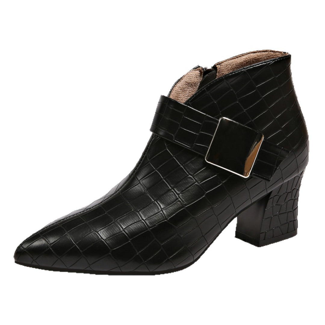 Damen knöchelhohe Stiefelette mit Kroko-Prägung, spitzer Zehenform und dekorativer Schnalle Drune