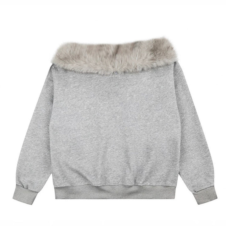 Damen Oversize-Sweatshirt mit Kunstfellkragen, weichem Innenfutter und typografischem Statement-Print Drune