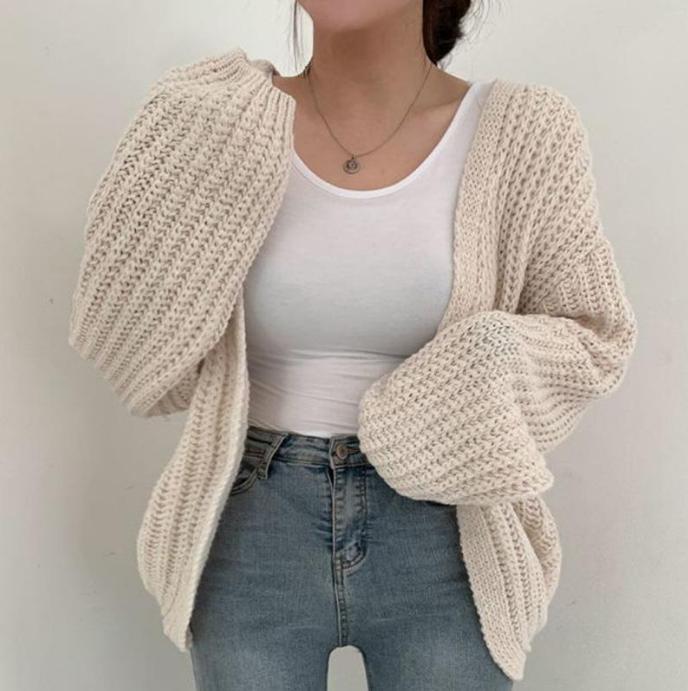 Damen grob gestrickte Oversized Cardigan mit tiefem V-Ausschnitt Drune