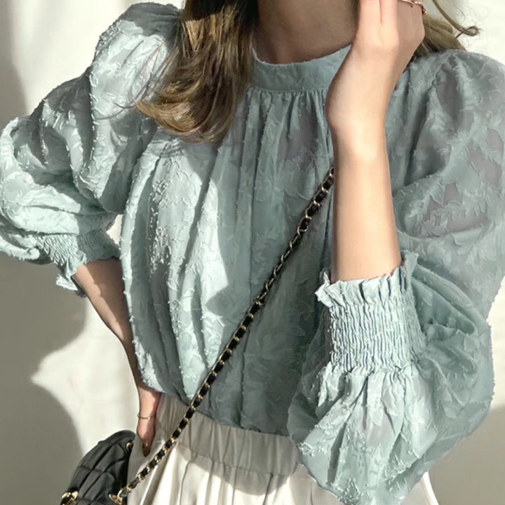 Damen elegante Bluse mit Bouquets und Volumenärmel Drune