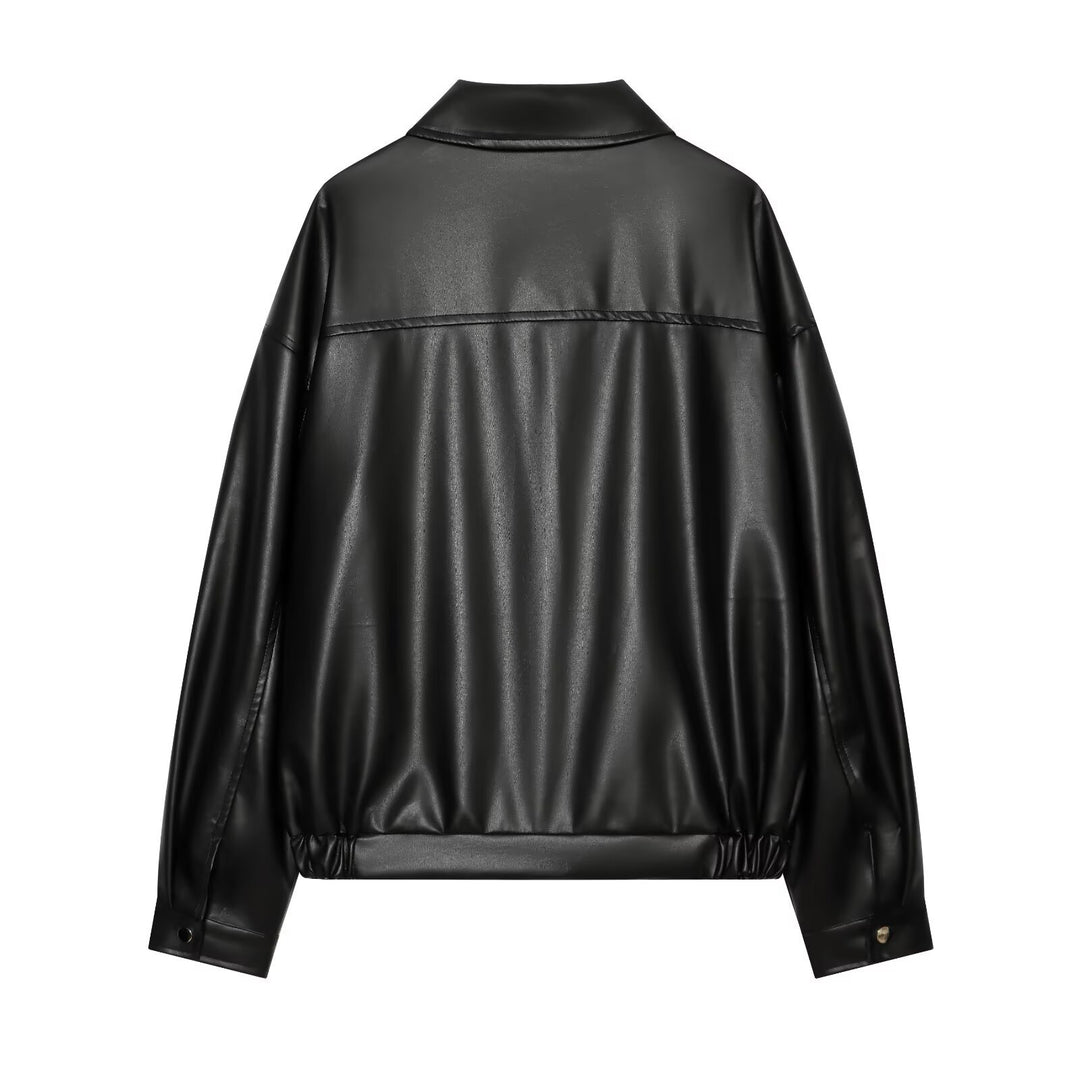 Damen Oversize Kunstleder-Bomberjacke mit Reißverschluss und elastischem Saum Drune