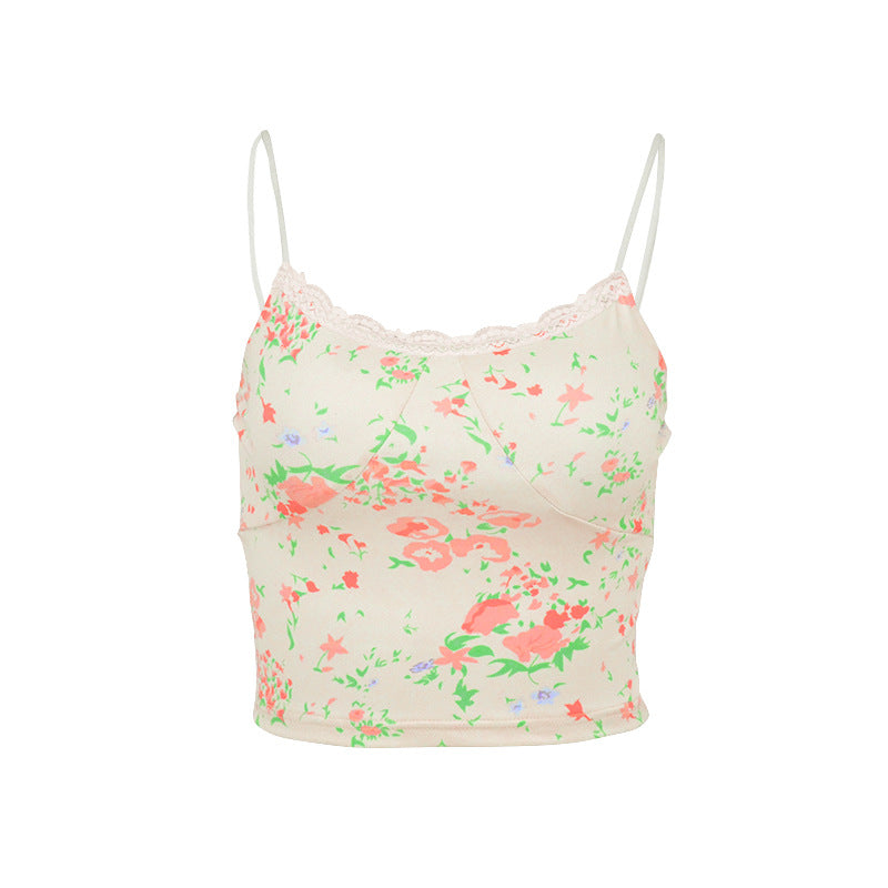 Damen floral bedrucktes Spaghetti-Top mit Spitzenakzenten Drune