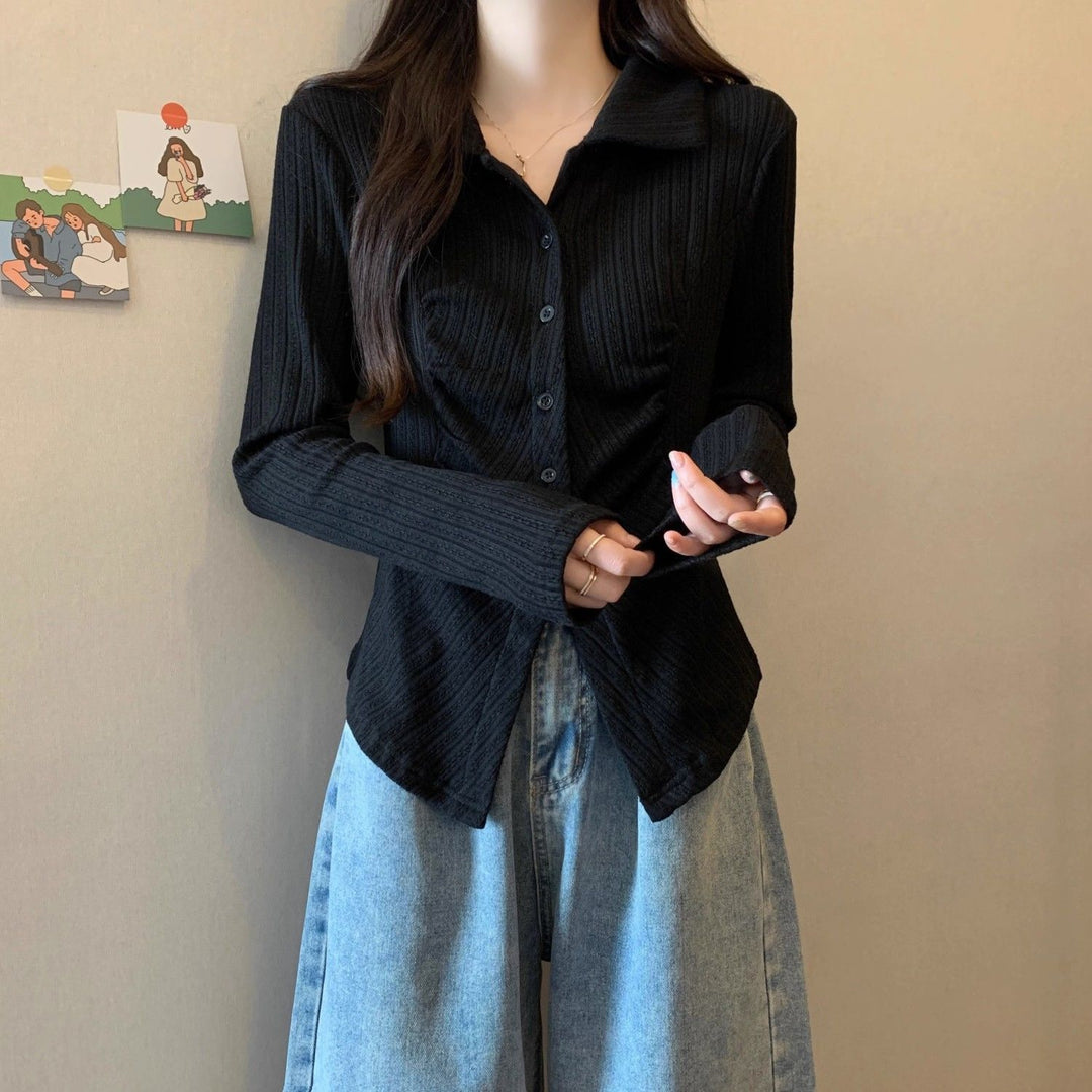 Damen Modische Rippstrickbluse mit langen Ärmeln Drune