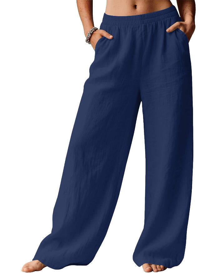 Damen Weite Leinenhose mit elastischem Bund und seitlichen Eingrifftaschen Drune