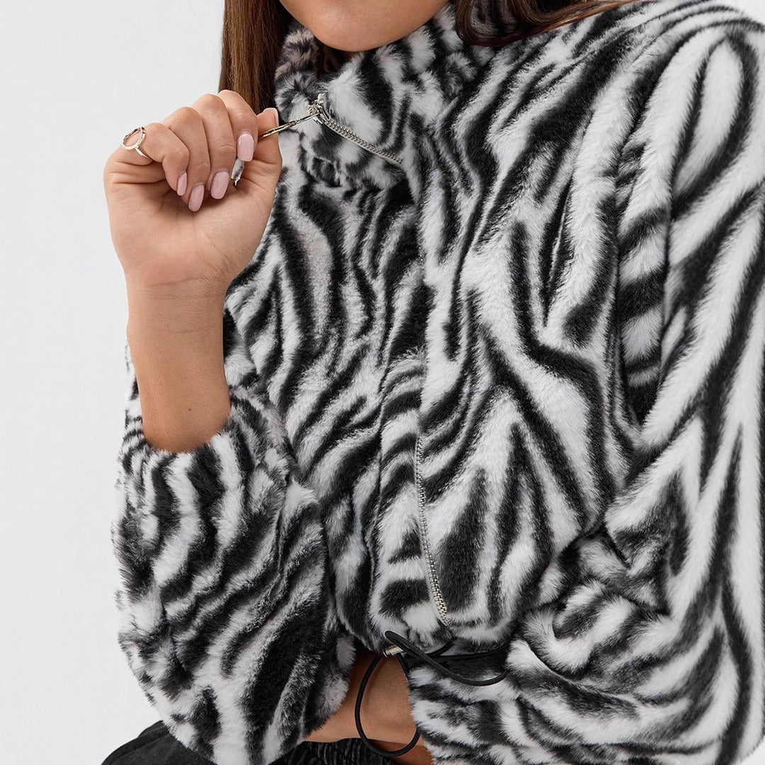 Damen cropped Fleece-Jacke mit modernem Zebra-Design und elastischen Bündchen Drune