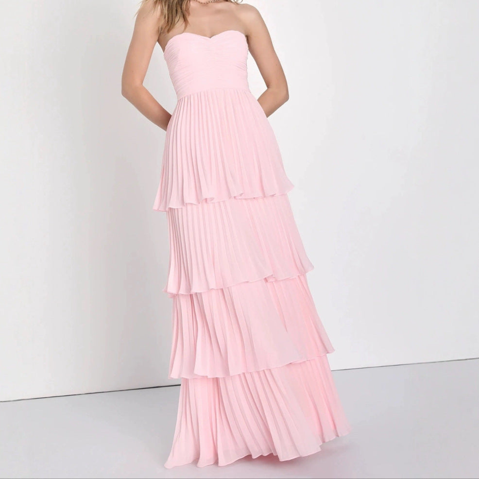 Damen Festliches Maxikleid mit schichtweisem Faltenrock und herzförmigem Ausschnitt Drune